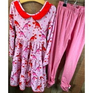 Cheeky Plum Girls Dinosaur Valentines Day Heart Twirl Dress & Leggings 10 Years